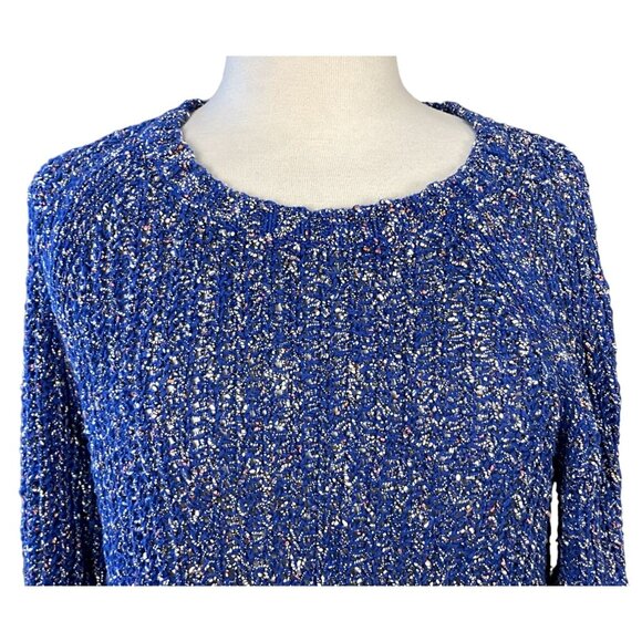 Talbots Curved Hem Long Sleeve Loose Knit Bright Blue Speckled Sweater Large - Picture 4 of 10